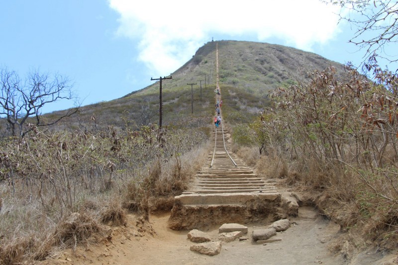 Der Koko Head Trail führte über eine „Treppe“ (in Form von Eisenbahn-Schienen) auf einen Hügel. War ziemlich anstrengend, aber man wurde belohnt mit einer tiptopen Aussicht.